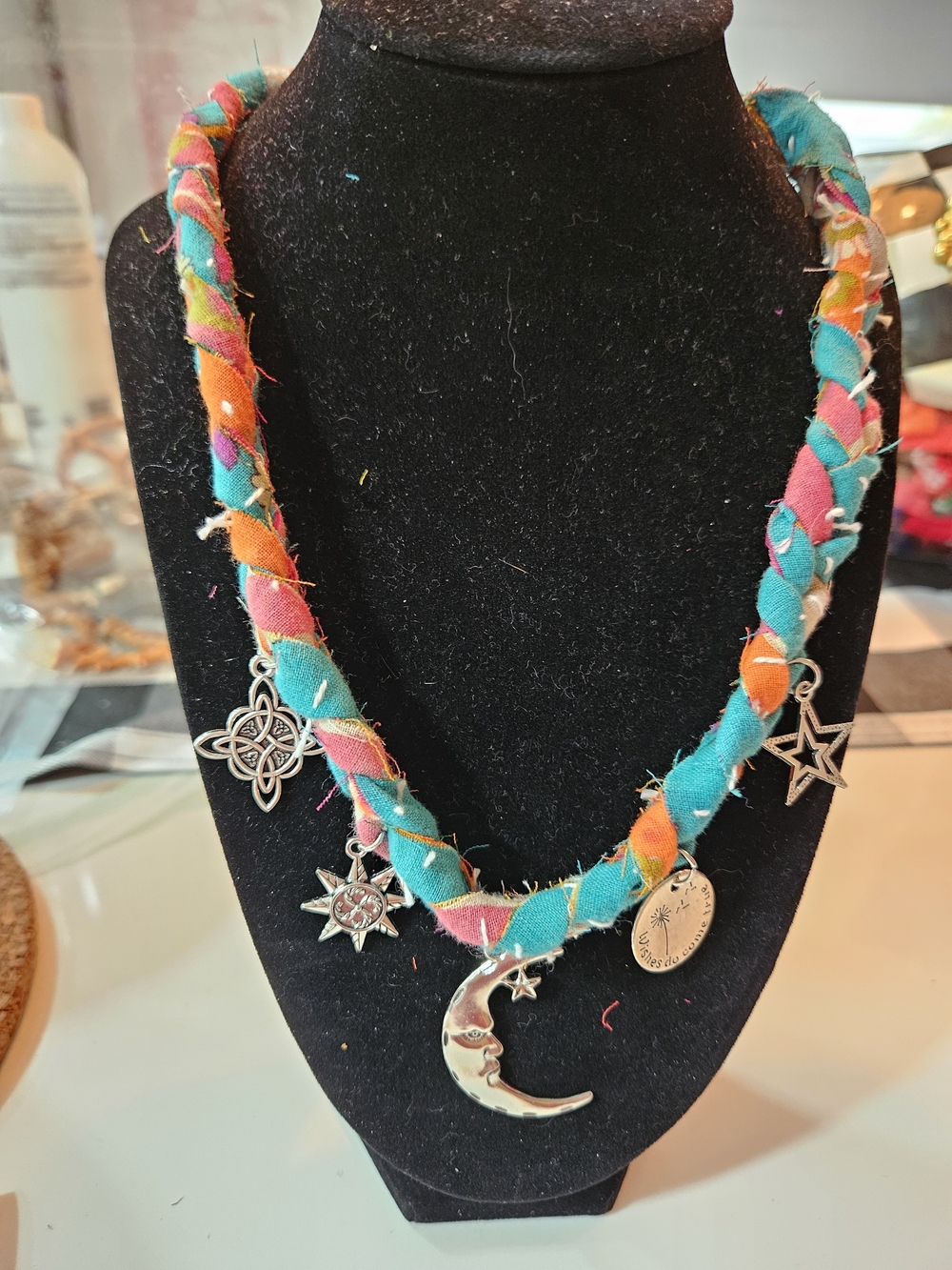 Boho Braided Kantha Moon Charm Necklace in Teal, Pink & Orange